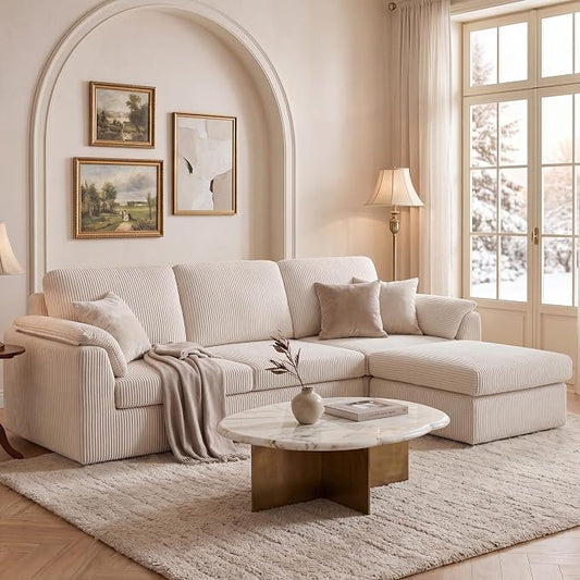 Sectional Couches for Living Room Cloud Couch with Ottoman, Upholstered Boneless Couches Modern Modular L Shaped Couch 3 Seater Sofa, No Assembly Required, Washable Covers, White