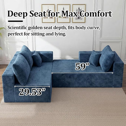 138" Modular Sectional Sofa, U-Shaped Cloud Couch with Deep Seats & Chaise, Convertible 4-in-1 Corduroy Boneless Couches for Living Room, No-Assembly - Blue (Right Facing Chaise)