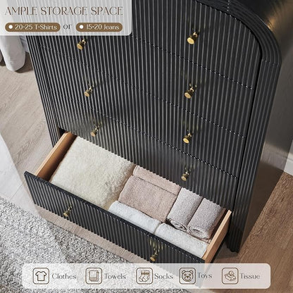 T4TREAM Fluted 5 Drawers Dresser, 48" Tall Modern Chest of Drawers with Thickened Curved Profile Design, Wood Closet Clothes Storage Organizer for Bedroom, Living Room, Hallway, Black Oak