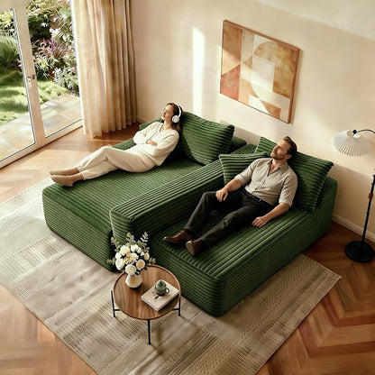 JINGLING 94" L Shape Couch with Left Chaise, Memory Foam Boneless Sectional Sofa in a Box, No Assembly Modular Small Couches for Small Spaces, Living Room, Apartments, Plush Corduroy, Green
