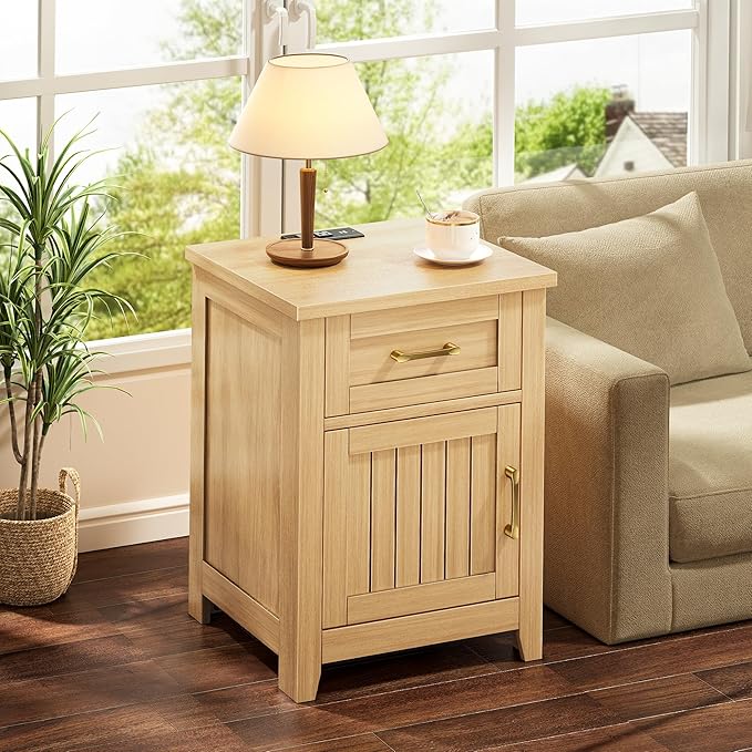 Decofy Farmhouse Nightstand with Charging Station, Set of 2 Modern End Tables with Large Storage and One Drawers, Outlets, USB Ports & Type-C Ports, Wood Rustic Nightstands for Bedroom (Oak)
