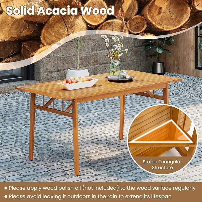 Tangkula 3 Pieces Patio Dining Set, Acacia Wood Space Saving Outdoor Rectangular Picnic Table with 1.97” Umbrella Hole and 2 Benches, for Yard, Garden and Poolside