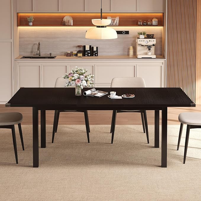Einhomn Modern Extendable Dining Table for 4-6, 63" Farmhouse Kitchen Table, Rectangular Dining Room Tables for Dining, Kitchen, Office, Living Room, Wooden Tables, Space Saving (Black)