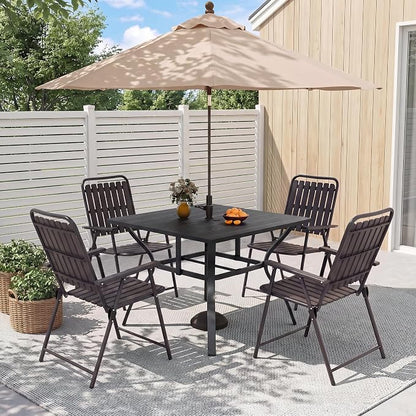 Outdoor Dining Set for 4, Patio Table and Foldable PP Chairs Set with 1.97'' Umbrella Hole, 5pcs Patio Furniture Set 37.8”x37.8” Dining Table Set with No Assembled Chairs for Porch Deck Backyard Pool