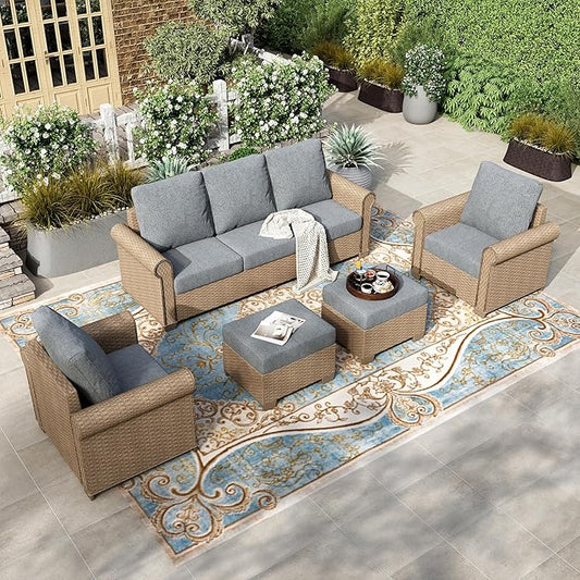 HERA'S HOUSE Patio Furniture Set, 4 x Cushioned Chairs, 3-Seat Sofa with Wood Grain Coffee Table, 5 Seats Luxury Windsor Style All Weahter Outdoor Sofa Conversation Set for Deck Lawn Backyard