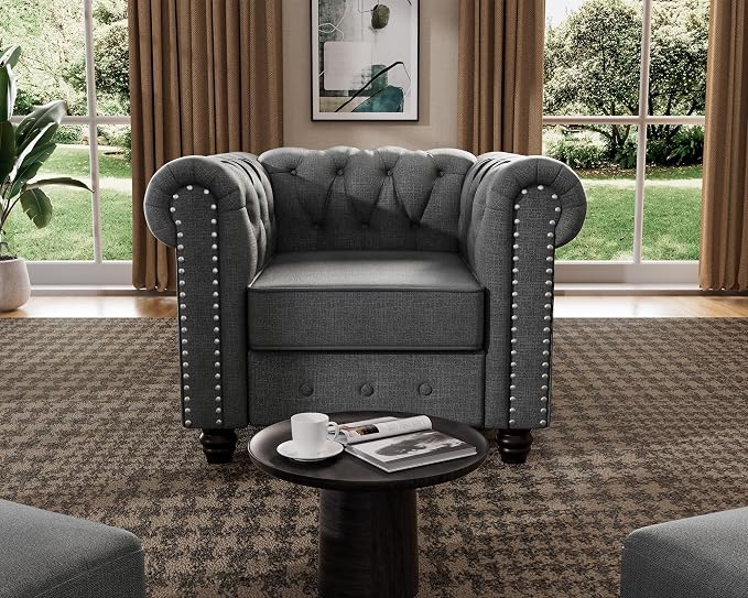 Morden Fort 2 Piece Classic Chesterfield 4-Seater Set, Tufted Chair & Sofa Furniture Solid Wood Legs Thick Cushion, Pet-Friendly Couch Set for Living Room Bedroom Apartment, Linen Grey
