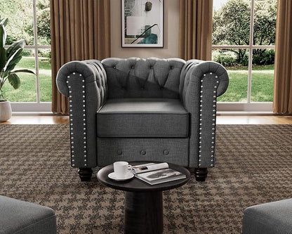 Morden Fort 2 Piece Classic Chesterfield 4-Seater Set, Tufted Chair & Sofa Furniture Solid Wood Legs Thick Cushion, Pet-Friendly Couch Set for Living Room Bedroom Apartment, Linen Grey