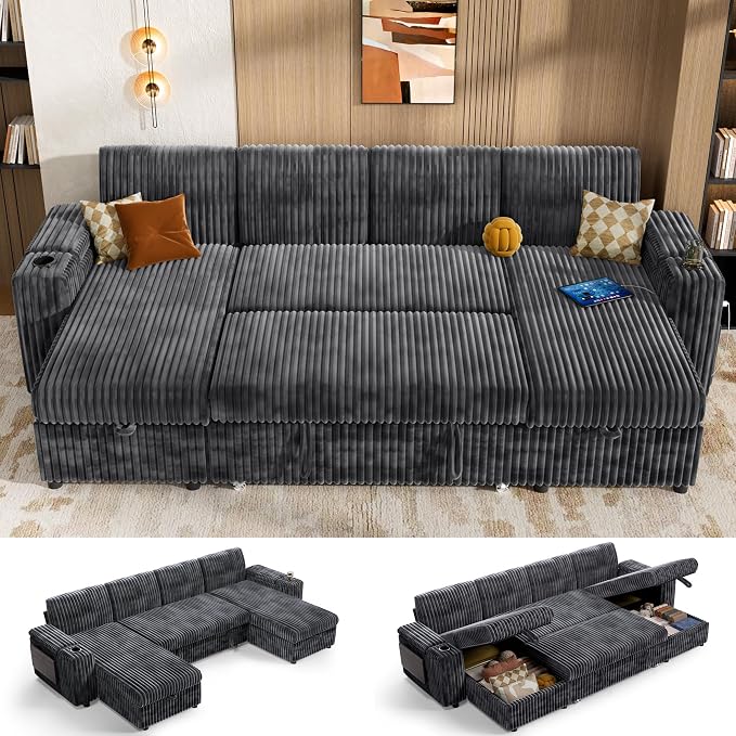Vipbear 108" Modular Sectional Sleeper Sofa with Pull Out Bed, 4 Seat Plush Corduroy U Shaped Couch with USB Ports|Cup Holders|Side Table|Storage Chaise Armrests, Tool Free Assembly, Grey