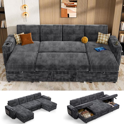 Vipbear 108" Modular Sectional Sleeper Sofa with Pull Out Bed, 4 Seat Plush Corduroy U Shaped Couch with USB Ports|Cup Holders|Side Table|Storage Chaise Armrests, Tool Free Assembly, Grey