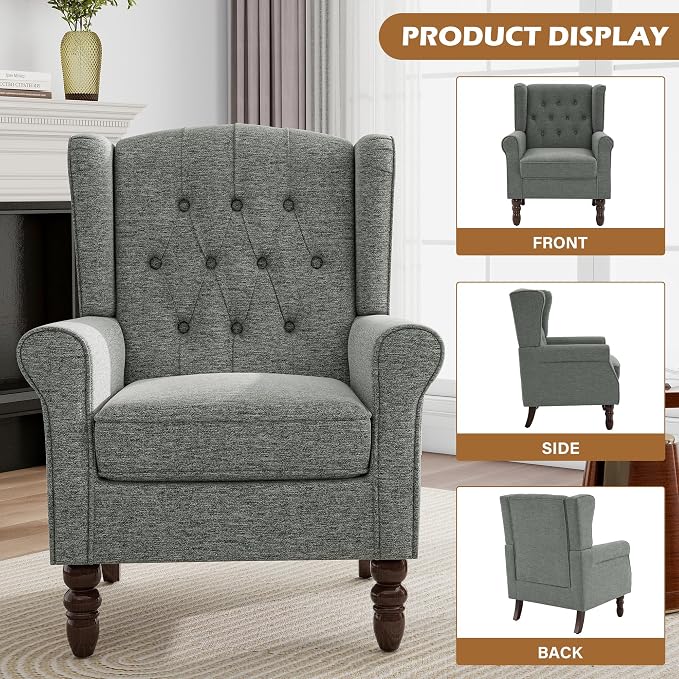 Mid-Century Modern Wingback Accent Chair - Plush Upholstered Armchair with Solid Oak Legs, Ergonomic High Back Design for Living Room, Bedroom Home Office - Stylish Retro Reading Lounge Chair, Gray