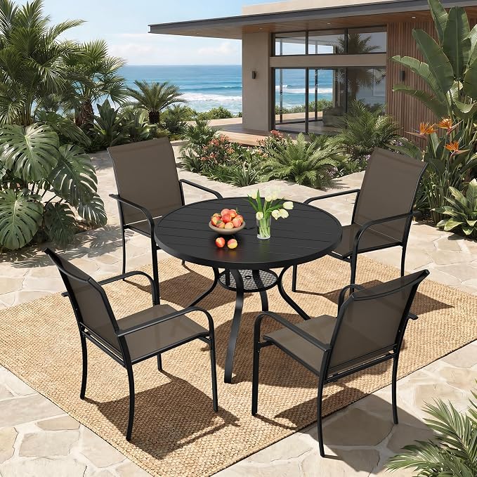 SUNCROWN 5 - Piece Outdoor Dining Set, Patio Furniture Set with 4 x Textilene Dinning Chairs and 41" Metal Round Table with Umbrella Hole for Lawn Garden Backyard Deck, Brown