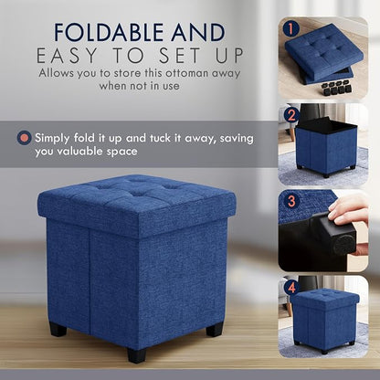 Ornavo Home Storage Ottoman with Legs, Square Cube Foot Rest Stool Seat, for Living Room, Bedroom, Home Office, Dorm - 15 x 15 x 15, Navy Blue