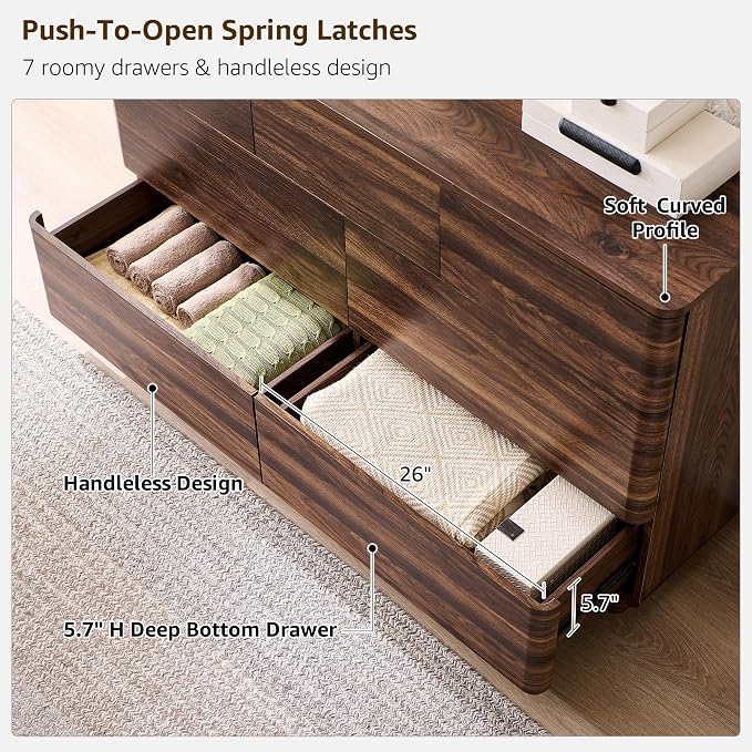 ACCOHOHO Modern 7 Drawer Dresser for Bedroom, 52" Wide Handleless Chest of Drawers, Large Push-to-Open Wood Storage, Dresser TV Stand for Bedroom, Living Room, Hallway, Curved Profile, Brown