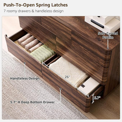 ACCOHOHO Modern 7 Drawer Dresser for Bedroom, 52" Wide Handleless Chest of Drawers, Large Push-to-Open Wood Storage, Dresser TV Stand for Bedroom, Living Room, Hallway, Curved Profile, Brown