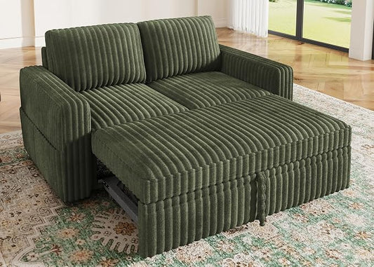 HONBAY Modular Pull Out Sofa Bed,Corduroy Loveseat, Couches for Living Room,Green