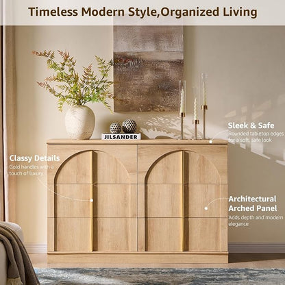 ACCOHOHO Arched Dresser for Bedroom with 6 Drawers, 47.3" Wide Modern Chest of Drawers with Rounded Edge & Metal Handles, Wood Storage Closet Dressers TV Stand for Living Room, Hallway, Oak