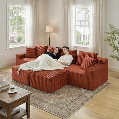 115" U-Shaped Cloud Sectional Couch, Modular Compressed Boneless Sectional Sofa W/Reversible Ottoman Chaise Lounge, Plush Corduroy Boneless Symmetrical Sofa for Living Room