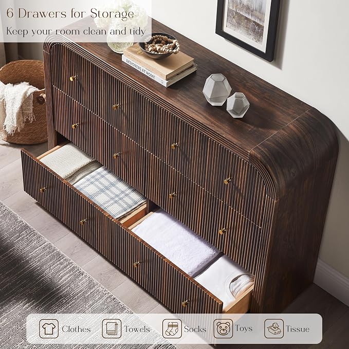 T4TREAM Fluted Dresser for Bedroom with 6 Drawers, 54" Wide Modern Chest of Drawers with Thickened Curved Profile Design, Wood Dressers TV Stand for Bedroom, Living Room, Hallway, Dark Walnut