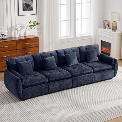 112" Oversized Modular Cloud Sofa, Deep Seat Tufted Chenille 4-Seater Sectional Couch with Curved Arms, Comfy Sofas for Living Room, Blue