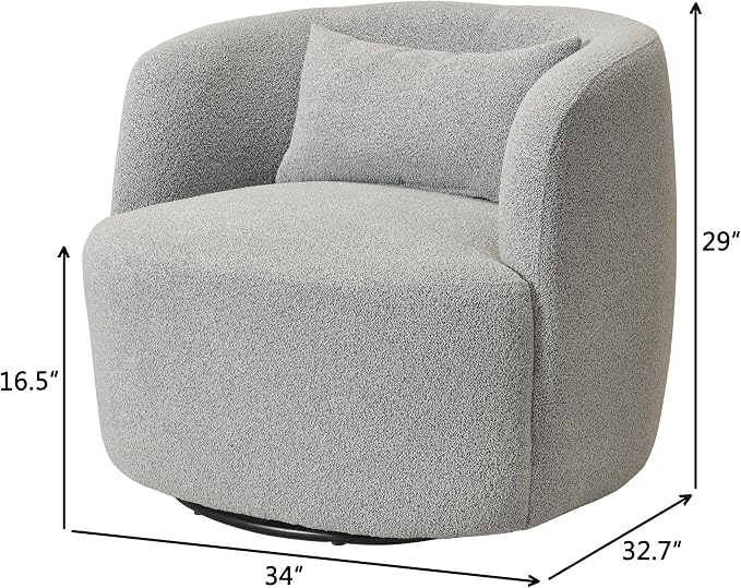 KINWELL 34" Wide Sherpa Swivel Barrel Chair, No Assembly Round Boucle Upholstered Accent Chair Armchair Single Sofa Chair with Toss Pillow for Living Room and Bedroom, Gray