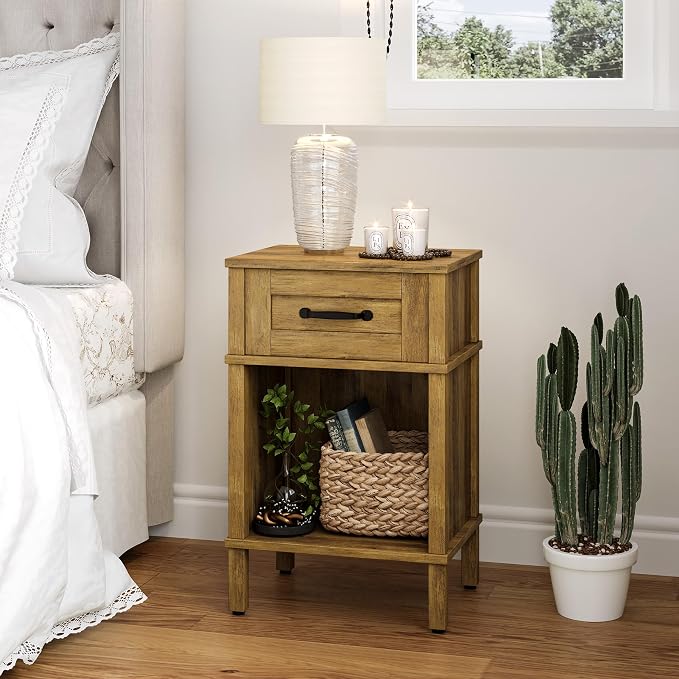 Farmhouse Nightstand with Drawer, Small Wood Bedside Table, Small Rustic Side Table, Modern End Table with Drawer, Wooden Walnut Brown Night Stand for Bedroom LET512DR