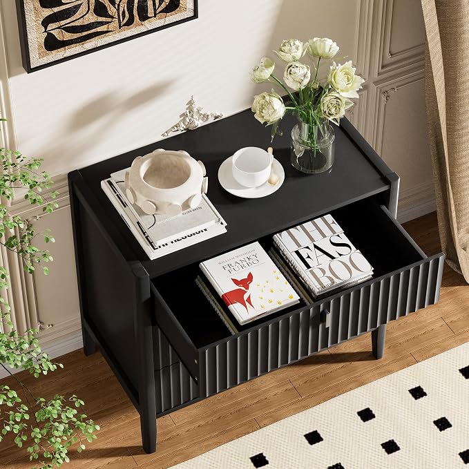 Furniway 31.5" Wide Black 3 Drawer Nightstand, Modern Fluted Bedside Table with Metal Handles, Large Storage End Table for Bedroom