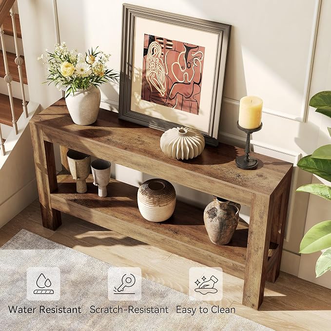 LITTLE TREE 63-Inch Entryway Console Table, Long Farmhouse Narrow Sofa Table for Living Room, Hallway, Entry, Entrance, Foyer, Behind Couch with 2-Tier Shelves, Rustic Brown