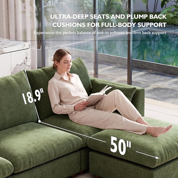 Ihanherry 117" Oversized Modular Sectional Sofa, Modern Cloud Couch with 3 Storage Ottoman, 6-Seat Comfy Chenille Deep Seat Sofa with 2 Pillows for Living Room, Green