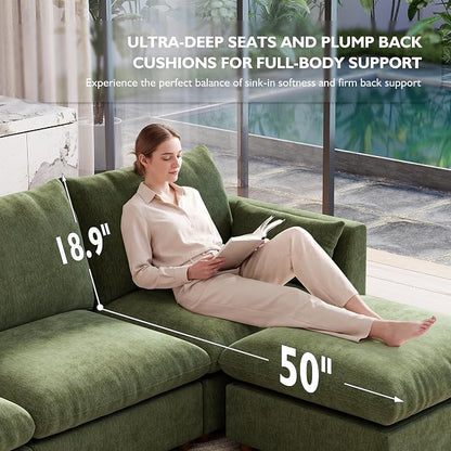 Ihanherry 117" Oversized Modular Sectional Sofa, Modern Cloud Couch with 3 Storage Ottoman, 6-Seat Comfy Chenille Deep Seat Sofa with 2 Pillows for Living Room, Green