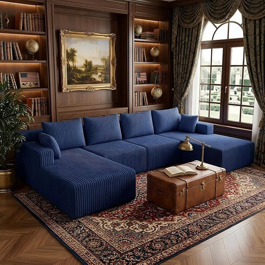 142" Oversized Cloud Modular Sectional Sofa Boneless Couches with Double Chaise Lounge and Deep Seat, Fluffy Corduroy Upholstered Compressed Lounge Sofa & Couches for Living Room