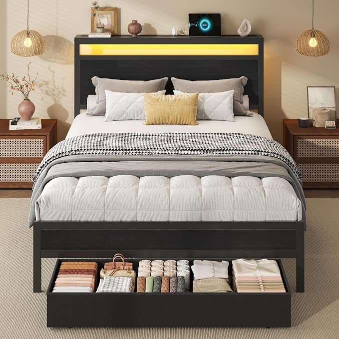HISOFT Twin Bed Frame with Storage, Wood Headboard with Fast Charging Station, LED Lights, Platform Bed Frame Twin Size, Fabric Drawers with Wheels, No Box Spring Needed, Noise Free, Classic Black