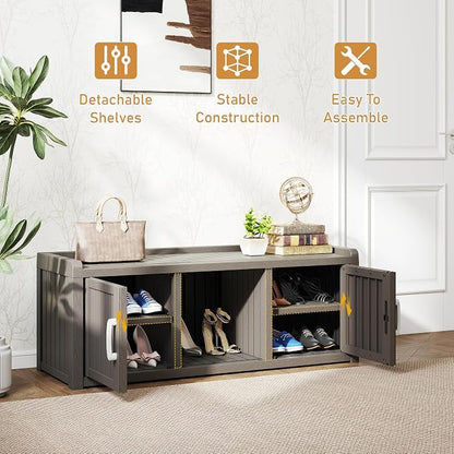 2-Tier Storage Bench, Waterproof UV-Resistant Outdoor Shoe Storage Cabinet with 2 Doors & Adjustable Shelves for Indoor Outdoor Entryway, Hallway, Living Room(Grey)