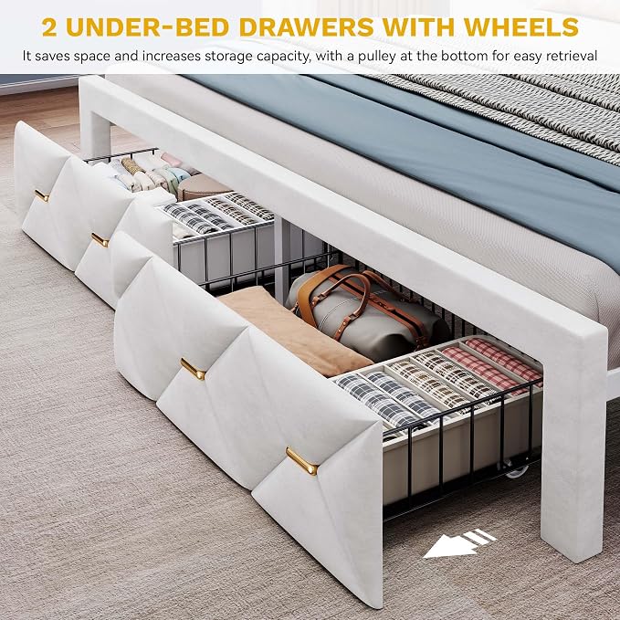 DWVO Full Size Bed Frame with 2 Storage Drawers and Storage Headboard, Upholstered Platform with Charging Station and LED Light, No Box Spring Needed, Noise Free, Easy Assembly, Velvet White