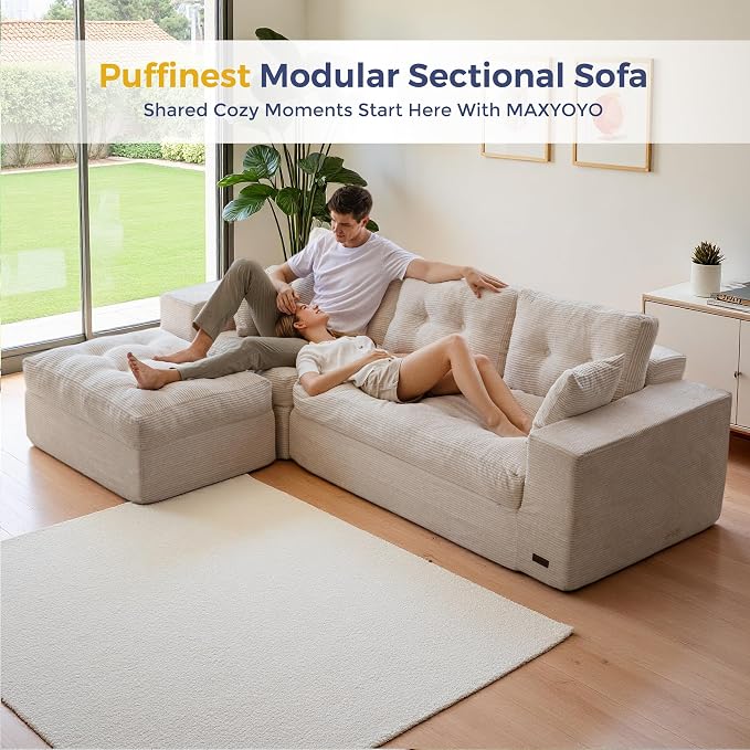 MAXYOYO 96" L Shaped Modular Sectional Sofa with Ottoman, Cloud Boneless Couch with Layered Cushion, Upholstered Sofa in a Box, Flexible Module Combination for Living Room, No Assembly, Beige