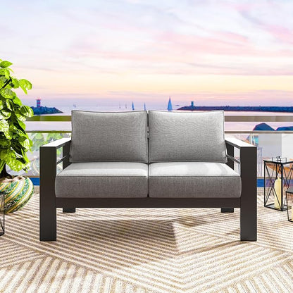 Solaste Aluminum Patio Loveseat, Metal Patio Sofa with Water-Resistant Cushion, Weather-Resistant Modern Outdoor Loveseat, Black Frame Grey Cushion
