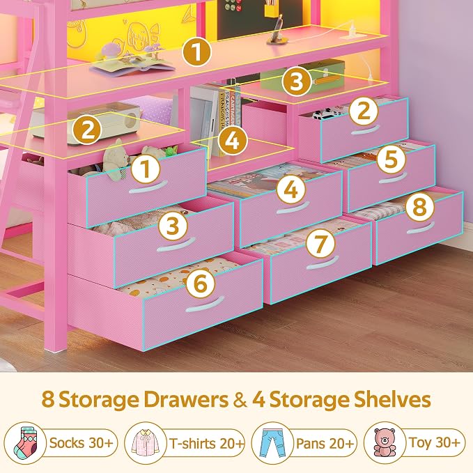 busyaeh Bunk Bed Full Over Twin,8 Drawer & 4 Shelve,15" H Safety Guardrail | Bunk Bed with Desk, Low bunk bed with LED Lights & Charging Station,L-Shaped Bunk Beds with Stairs,Girls bunk bed,Pink