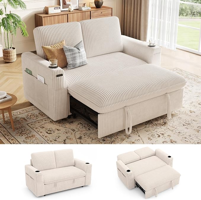 Sleeper Sofa with Pull Out Bed, Plush Corduroy Convertible Sofa Bed with Adjustable Backrest and Cup Holders, Loveseat Sleeper Couches for Living Room, Apartment, Beige