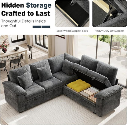 Ihanherry 86" Modular Sectional Sofa with Pull Out Bed, 5-Seater L Shaped Sectional Sleeper Couch with Storage, Chenille Convertible Couches for Living Room, Apartment (Grey)