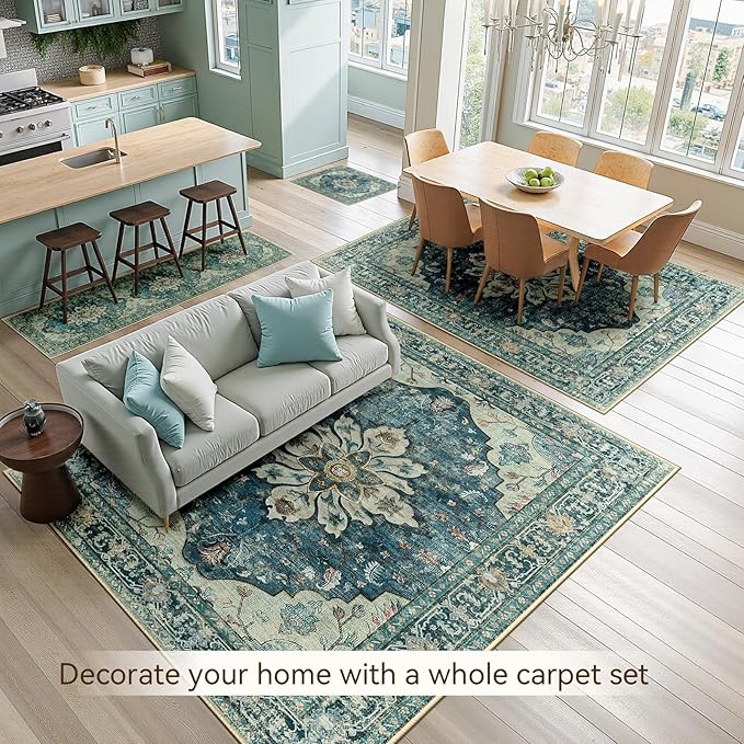 RELEANY Area Rugs 8'x10' Washable Non-Slip, Floral Vintage Distress Medallion Carpet for Living Room Bedroom Dining Room, Dark Blue Vintage