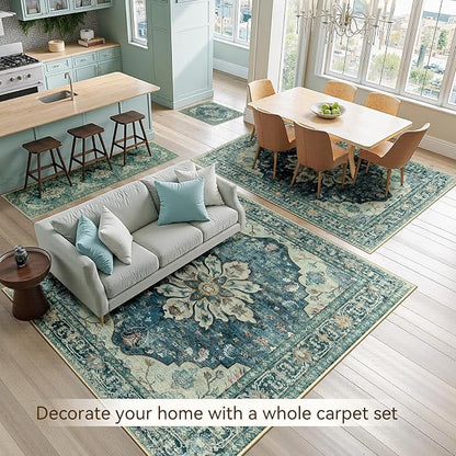 RELEANY Area Rugs Runner 2'x8' Washable Non-Slip, Floral Vintage Distress Medallion Carpet for Kitchen Hallway Bedroom Beside Laundry Room Bathroom, Dark Blue Vintage
