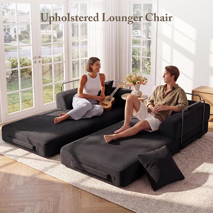 Living&Giving 89" Cloud Boneless Convertible Sofa Bed, 5-in-1 Foldable Compressed High-Density Sponge Sofa, Corduroy Fabric 3 Seater Sleeper Couch Futon Daybed for Living Room Bedroom (Black)
