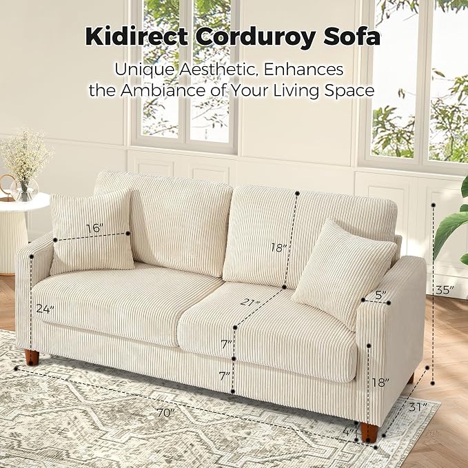 Kidirect 70in L Shaped Couch, Modular Sofa No Tool Assembly, Comfy Sectional Couches for Living Room 21in Deeper Seats, Corduroy Sofas for Living Room with 2 Pillows, Loveseat Sofa Set, Beige Couch