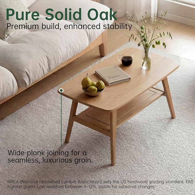 100% Solid Wood Coffee Table for Living Room, 39.37" Mid Century Modern Small Tables with Shelf Storage, 2-Tier Coffee Table with Rounded Corners (Oak Wood Log Color, 39.37" L)