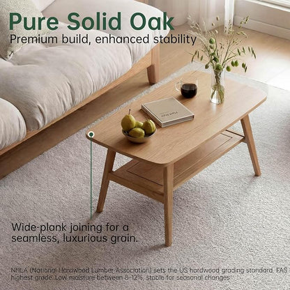 100% Solid Wood Coffee Table for Living Room, 39.37" Mid Century Modern Small Tables with Shelf Storage, 2-Tier Coffee Table with Rounded Corners (Oak Wood Log Color, 39.37" L)