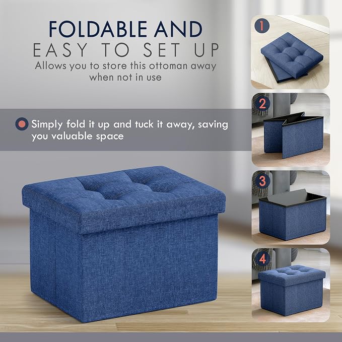 Ornavo Home Small Storage Ottoman, Set of 2, Foldable Collapsible Rectangle Linen Ottoman Foot Rest Stool Seat, for Living Room, Bedroom, Home Office, Dorm - 12 x 16 x 12, Navy Blue