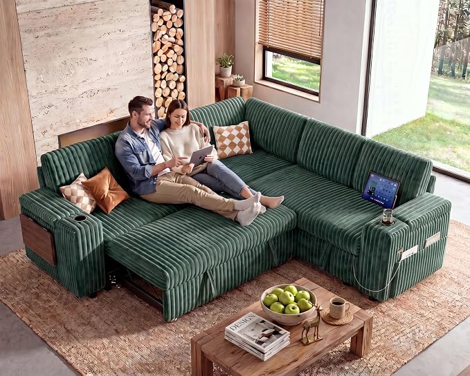 WEUP 86" Modular Sectional Sleeper Sofa with Pull Out Bed, 5 Seat Plush Corduroy L Shaped Couch with USB Ports|Cup Holders|Side Table|Storage Seat Armrests, Tool Free Assembly, Green
