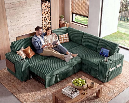 WEUP 86" Modular Sectional Sleeper Sofa with Pull Out Bed, 5 Seat Plush Corduroy L Shaped Couch with USB Ports|Cup Holders|Side Table|Storage Seat Armrests, Tool Free Assembly, Green