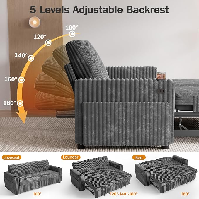 Sunny Heart 91" Plush Corduroy L Shaped Sectional Sleeper Sofa Bed with Pull Out Bed, Reclining Backrest, Reversible Storage Chaise, USB Ports, Cup Holders, Tool Free Assembly, Darke Grey