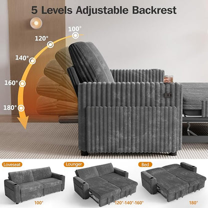 Sunny Heart 91" Plush Corduroy L Shaped Sectional Sleeper Sofa Bed with Pull Out Bed, Reclining Backrest, Reversible Storage Chaise, USB Ports, Cup Holders, Tool Free Assembly, Darke Grey