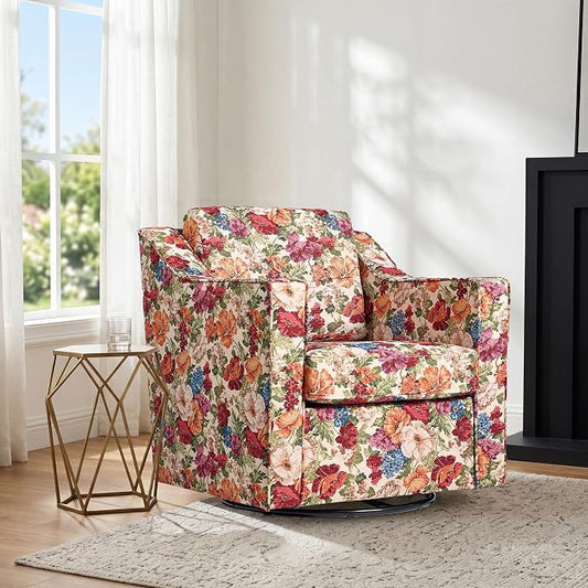Swivel Accent Chair, Modern Round Barrel Arm Chair for Living Room, Bedroom, Comfy Club Reading Chairs for Adults (Beige Floral, Set of 1)
